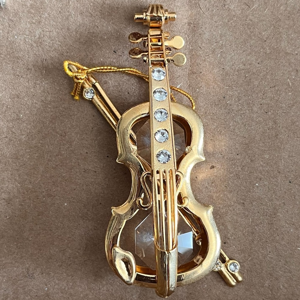 Vintage Gold Violin Ornament Pendant Crystal‎ Accents Musical Instrument Decor
